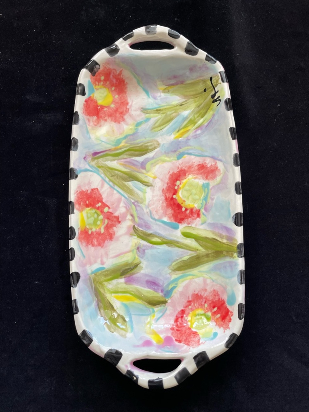 Handmade Ceramic Serving Tray w/ Handles “ Gerbera Daisies Design 15”x 7”